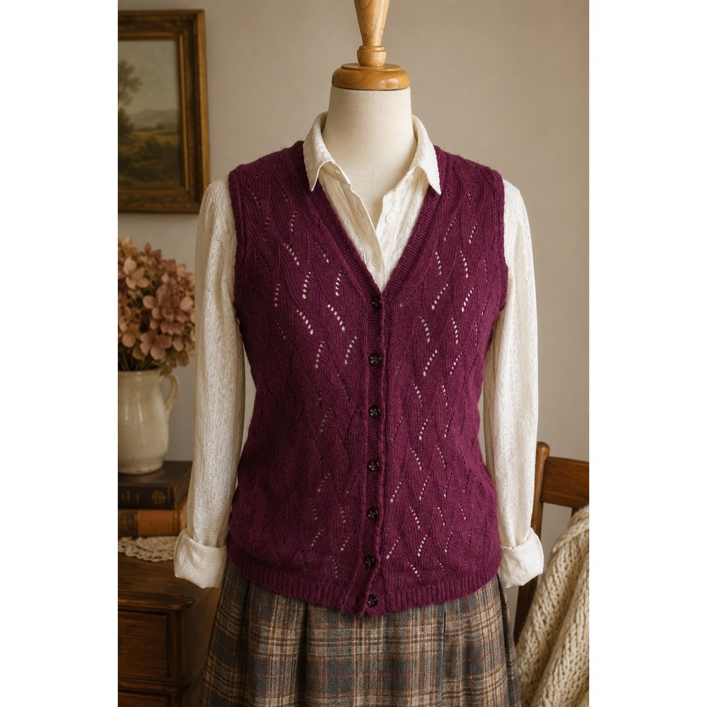 Canadian Made Pointelle Sweater Vest Berry Cottagecore Grandpa‎ Core size S